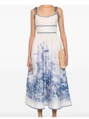 NWOT Zimmermann White Midi Dress with Blue Botanical Print and Tie Straps